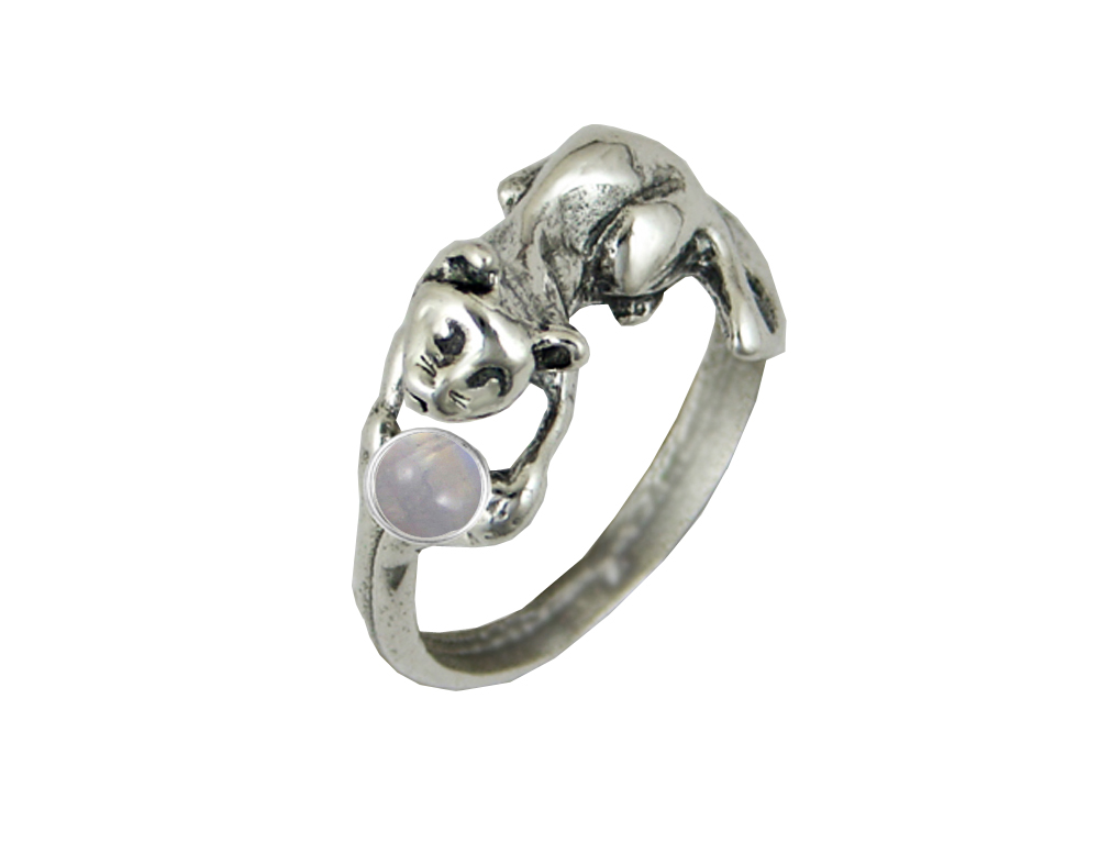Sterling Silver Kitty Cat Ring With Rainbow Moonstone Size 5